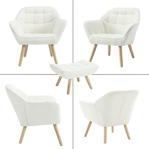 Modern Sherpa Accent Chair with Ottoman, Fluffy Upholstered Lounge Chair with Footrest, Comfy Living Room Side Boucle Armchair for Small Space Bedroom Apartment, White - color: White With Ottoman