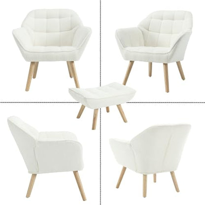 Modern Sherpa Accent Chair with Ottoman, Fluffy Upholstered Lounge Chair with Footrest, Comfy Living Room Side Boucle Armchair for Small Space Bedroom Apartment, White - color: White With Ottoman