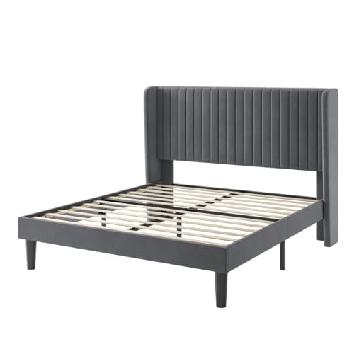 SHA CERLIN Full Size Velvet Bed Frame, Tufted Wingback Headboard, Grey | 47'' Modern Vertical Channel Headboard, Upholstered Platform Bed, Wood Slats, No Box Spring Needed, Easy Assembly, Noise Free - color: Grey, size: Full