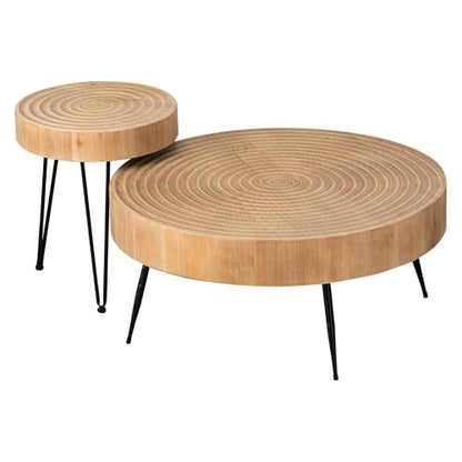 COZAYH 2-Piece Round Nesting Coffee Table Set, Natural Wood Top with Black Metal Legs, Ring Pattern – Rustic Farmhouse Accent for Living Room or Bedroom – Space-Saving Modern Furniture - color: Ring Pattern