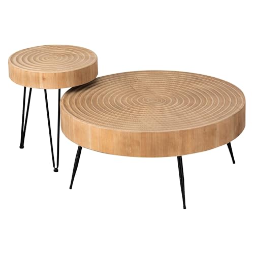 COZAYH 2-Piece Round Nesting Coffee Table Set, Natural Wood Top with Black Metal Legs, Ring Pattern – Rustic Farmhouse Accent for Living Room or Bedroom – Space-Saving Modern Furniture - color: Ring Pattern