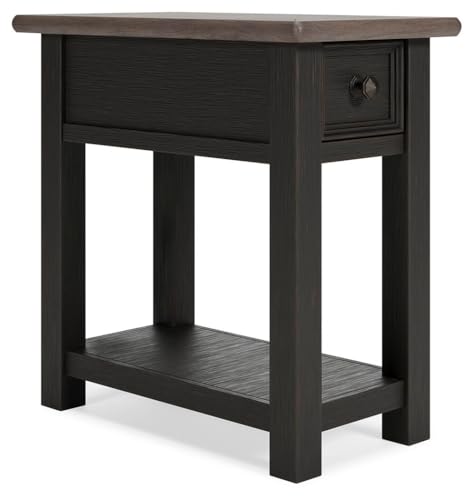 Signature Design by Ashley Narrow Chairside End Table with Charging Station | Smooth-gliding remote drawer, Lower display shelf, Rustic 2-tone finish, Tyler Creek Series - color: Black