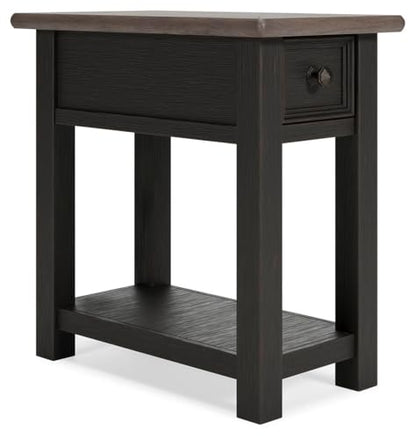 Signature Design by Ashley Narrow Chairside End Table with Charging Station | Smooth-gliding remote drawer, Lower display shelf, Rustic 2-tone finish, Tyler Creek Series - color: Black