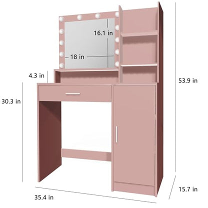 Palimder Vanity Desk with Mirror & Light, Large Drawer Three Level Storage Dresser, 3 Lighting Modes Adjustable Brightness, Bedroom Dressing Table - color: Pink