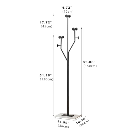 Freestanding Coat Rack Coat tree for Entryway Bedroom (Black) | Tree-shaped, Easy Assembly, Space Saver, Heavy Duty, Metal Frame, Marble Base, 8 Hooks, Living Room, Office, Corner - color: Black