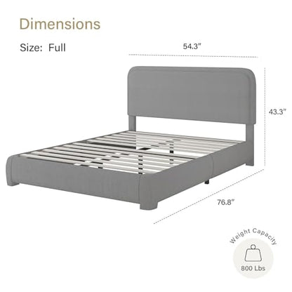 BarnFurin Full Bed Frame, Cloud Boucle Headboard, Low Profile, Light Grey | Soft boucle and rounded edges create a low-profile cloud look. Wooden slats support the mattress without a box spring - color: Light Grey, size: Full