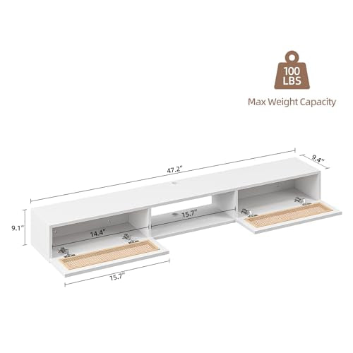 FurniNova 47" Floating TV Stand with Rattan Doors,Boho Media Console,White | Rattan Doors, Boho Wall Mounted Media Console, Modern Plywood Entertainment Center, Storage - size: 47 IN