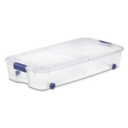 Storage Box, 66 Quart, Clear Underbed Bin with Lid and Wheels, Blue