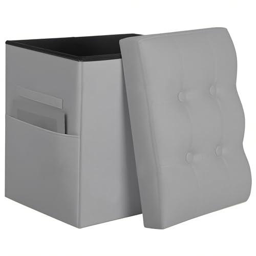Ottoman with Storage, Ottoman Foot Rest Stool with Handles & Side Pocket. Folding Leather Storage Bench with Thicker Foam Padded Seat. Slim Tall Ottomans for Living Room 350lbs, 17x13x17in, Grey - color: Grey 1, size: 17"D x 13"W x 17"H