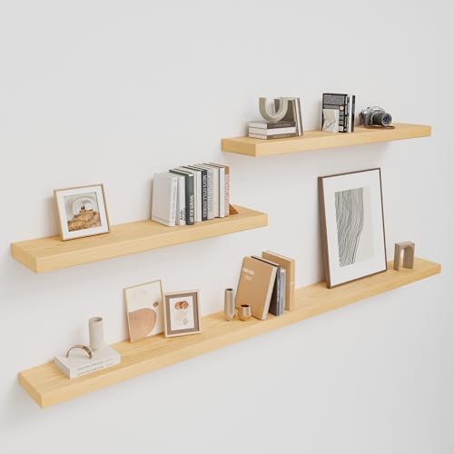 White Oak Floating Shelves for Wall, 8"D x 2"H, 3pcs (35.5 & 72In) | 2" Thick Wood Wall-Mounted Shelf, Fireplace Mantel, Bathroom Bedroom Kitchen Living Room, Heavy Duty Bracket, 50LBS Capacity - color: White Oak, size: 35.5 (2pc)+72 (1pc)