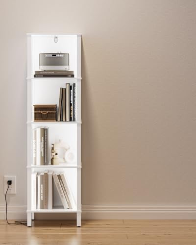 Bookshelf with LED Lights, Modern 4-Tier Bookcase, Open Storage Book Shelf, 11 × 14.2 × 50.4 Inches, Small Narrow Bookshelves for Living Room, Home Office, Bedroom, White - color: White