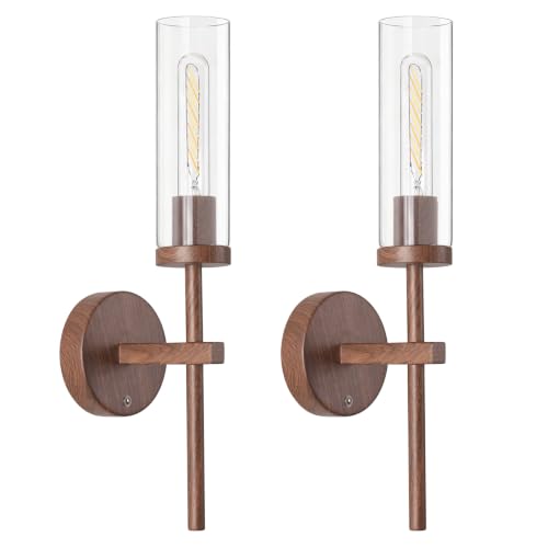 Shenmoyl Battery Operated Wall Sconces Set of 2, Walnut Color Rechargeable Wall Lighting Fixtures, Dimmable Wall Lights with Remote & Clear Glass Shade for Living Room, Bathroom,Bedroom - color: Walnut - Clear Glass