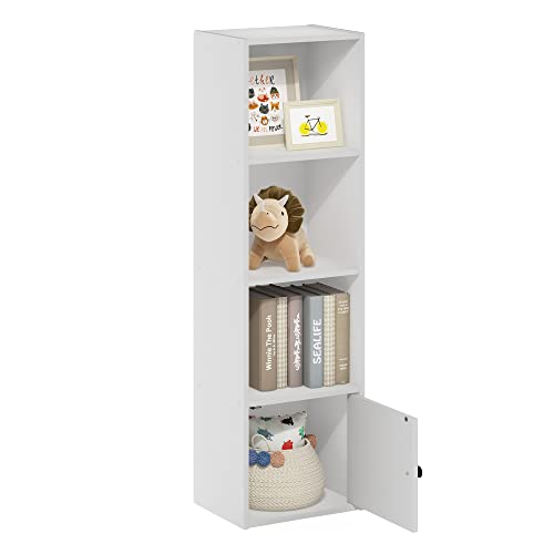 Furinno Luder Shelf Bookcase with 1 Door Storage Cabinet, White | 9.3 x 12 x 41.8, Door Cabinet, Bookshelf, Standing Bookcase, for Organization for Living Room, Bedroom, Home Office - color: White, size: 4-Cube with Cabinet