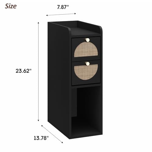 Narrow Nightstand Set of 2 (Rattan & Wood) - Small Bedside Table with 2 Drawers, Open Shelf, Mid Century Modern End Table - for Bedroom, Living Room & Small Spaces, Black - color: Black, size: 7.9"W (2 Pc)