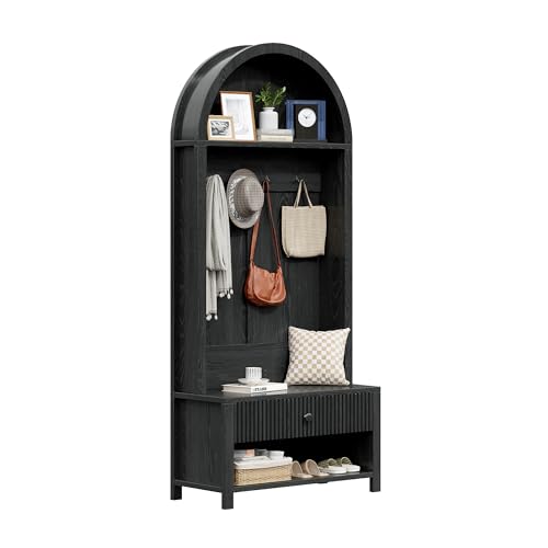 70.86-inch Entryway Hall Tree, Farmhouse-Style Wooden Coat Rack Freestanding, Entryway Organizer with Four Hooks, Standing Shoe Rack with Bench for Hallways, Foyers, and Living Rooms, Black - color: Black