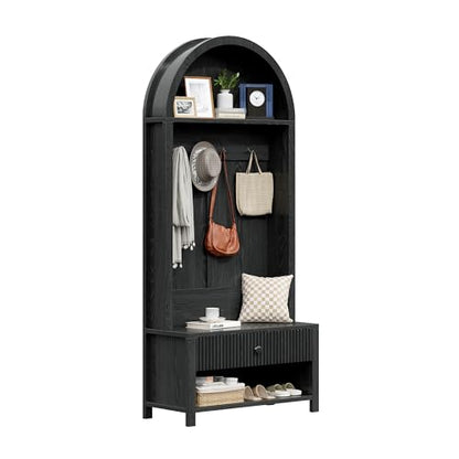 70.86-inch Entryway Hall Tree, Farmhouse-Style Wooden Coat Rack Freestanding, Entryway Organizer with Four Hooks, Standing Shoe Rack with Bench for Hallways, Foyers, and Living Rooms, Black - color: Black
