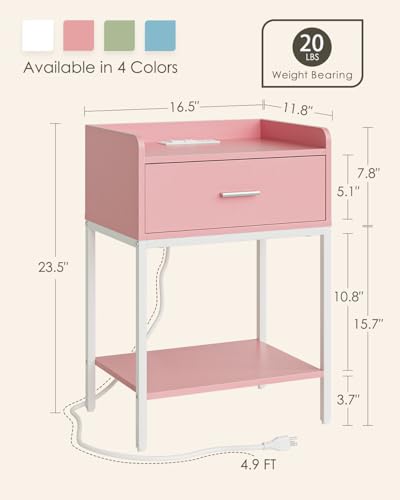 Masupu Nightstand with Charging Station,3-Tier Modern Bedside Night Stand with Storage Drawer and Shelf,Small End Side Table for Bedroom,Living Room,Pink and White - color: Outlet-pink