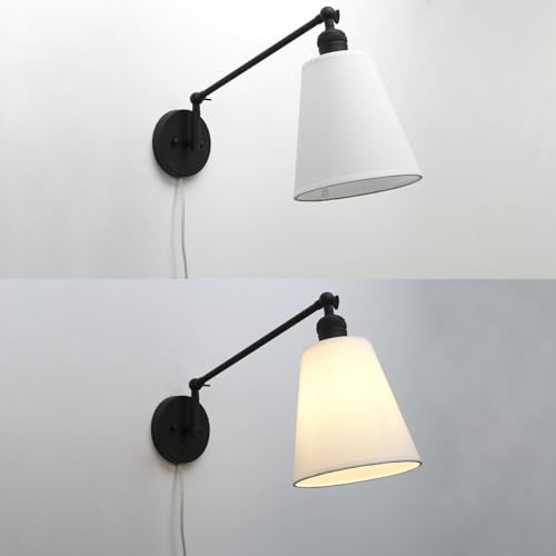 Retro Swing Arm Wall Sconce Plug in Wall Lamp Black Single Sconce with White Fabric Shade Wall Light Fixture for Bedroom Living Room Office - color: Black