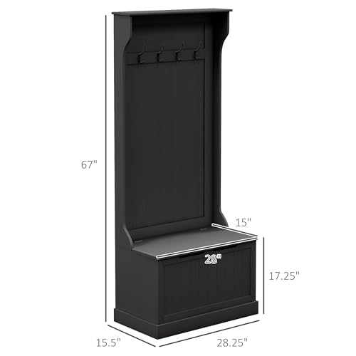 HOMCOM Hall Tree with Bench and Shoe Storage 3-in-1 Coat Rack Black | Slim Bench with Coat Rack, 4 Hooks, Flip Top Storage Compartment - color: Black, size: 28"