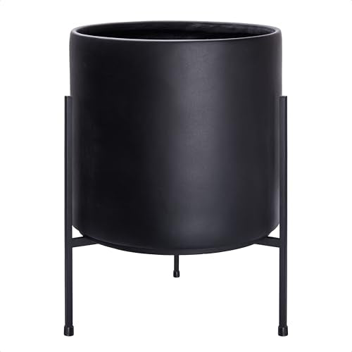 D'vine Dev Cylinder Planter Pot with Metal Stand, Black, 14 in, 96-T-B-4 | Durable Fiberclay Construction, Sleek Modern Design, Heavy-Duty Iron Stand, Drainage Hole & Saucer, Elegant Indoor Display - color: Black, size: X-Large 14 Inch