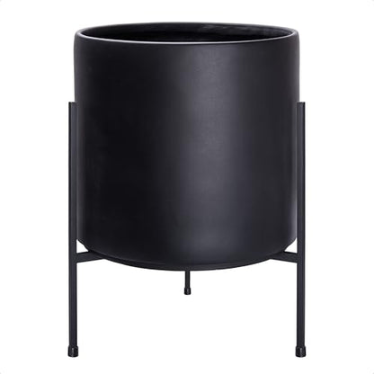 D'vine Dev Cylinder Planter Pot with Metal Stand, Black, 14 in, 96-T-B-4 | Durable Fiberclay Construction, Sleek Modern Design, Heavy-Duty Iron Stand, Drainage Hole & Saucer, Elegant Indoor Display - color: Black, size: X-Large 14 Inch