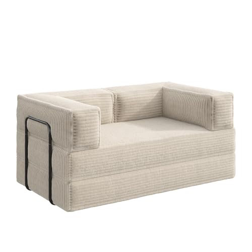 WLIVE 71'' Futon Sofa Bed, Convertible Sleeper Sofa, Folding Pull Out Couch Boneless Mattress with Fixed Frame, Corduroy, with Storage Pocket, Beige - color: Greyish Beige, size: 71'' / Convertible Sleeper Sofa