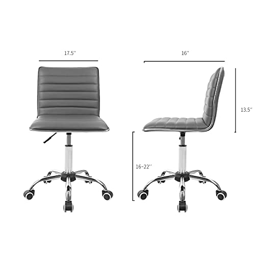 JUMMICO Armless Vanity Office Chair with Wheels, Small Cute Makeup Desk Chair Ribbed Leather Swivel Computer Task Chair (Gray) - color: Grey