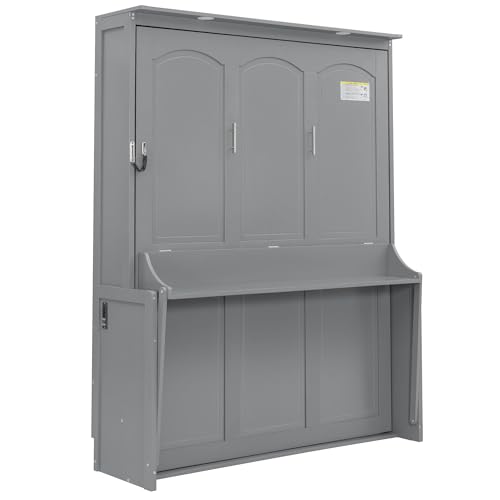 SOFTSEA Queen Size Murphy Wall Bed Frame with Desk, LED Lights, Grey | Space-Saving Vertical Murphy Bed Cabinet with Desk, LED Lights, Charging Station, Hidden Wall Bed for Small Spaces - color: Grey