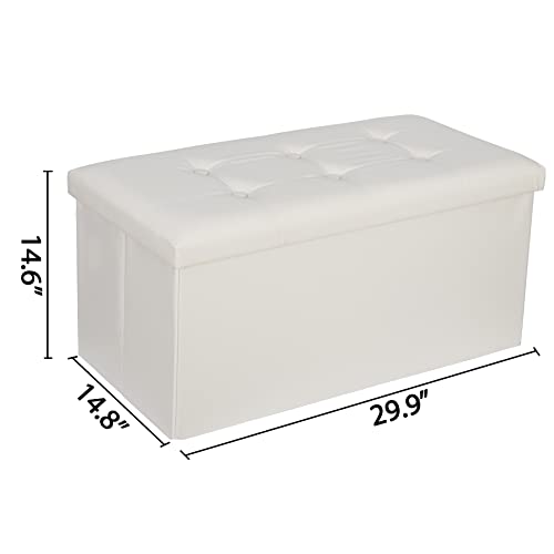 Nouva 30 Inches Ottoman Storage Bench, Folding Design Chest Faux Leather Ottomans Footrest for Bedroom Living Room Office,Entryway, Creamy White - color: Creamy White, size: 15"D x 30"W x 15"H