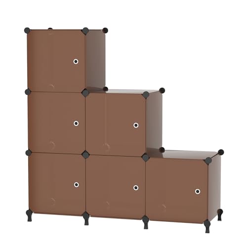 6Cube Storage Organizer Modular Stackable with Doors Brown | Sturdy plastic 6-cube cabinet with doors, 30x30x30cm per cube, tool-free snap assembly, ideal for bedroom, stairs, closet. - color: Brown