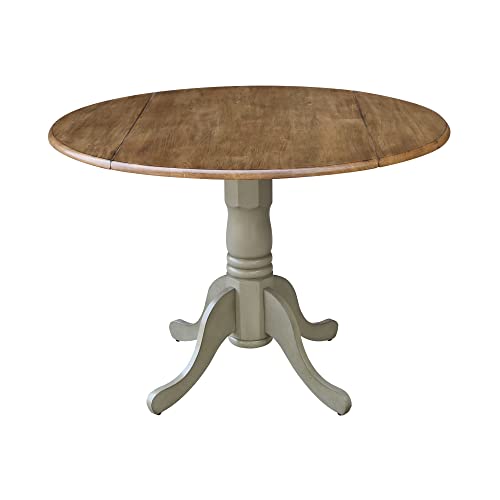 IC International Concepts, 42" Round Dual Drop Leaf Pedestal Dining Table, Solid Real Wood, Sturdy Parawood, Distressed Hickory/Stone - color: Distressed Hickory/Stone