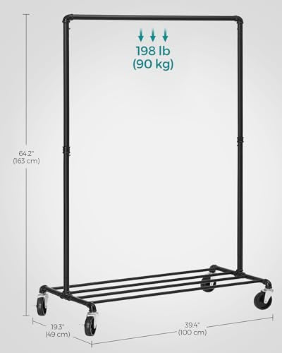 SONGMICS Heavy-Duty Clothes Rack, Clothing Rack for Hanging Clothes, Industrial Garment Rack on Wheels, Metal Frame, 2 Casters with Brakes, Commercial Display, Black UHSR61BK | Industrial Garment Rack for Hanging Clothes, 2 Casters with Brakes, Commercial