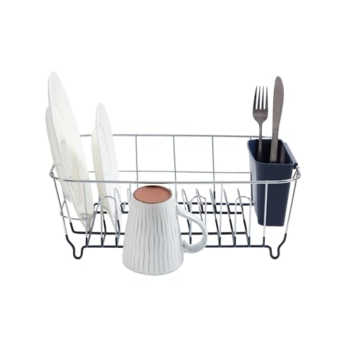 Dish Drying Rack & Cutlery Holder 2 Piece Set Compact Sink-Fitting Dish Drainer with Rubberized Undercoating Space-Saving Kitchen Organizer for Plates, Cups, Bowls & Utensils In Sink, Navy - color: Navy