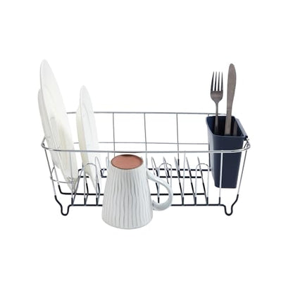 Dish Drying Rack & Cutlery Holder 2 Piece Set Compact Sink-Fitting Dish Drainer with Rubberized Undercoating Space-Saving Kitchen Organizer for Plates, Cups, Bowls & Utensils In Sink, Navy - color: Navy