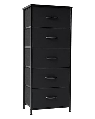Tall Dresser Vertical Fabric Storage Tower Organizer, 5 Drawers(Black) | Sturdy Steel Frame, Wood Top and Easy Pull Handle, Space-saving Organizer for Clothes, Bedroom, Hallway, Entryway, Closets - color: Black, style: Narrow