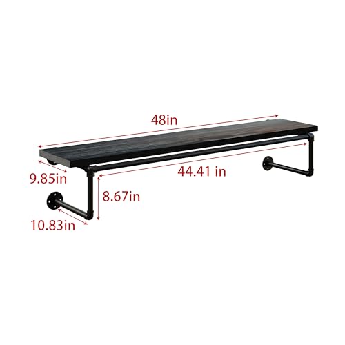 Clothes Rack 48in, Wall Mounted Garment Racks with Real Black Wood Shelf, Heavy Duty Hanging Clothes Rack, Multi-Purpose Hanging Rod, Space-Saving Closet Storage - color: Black, size: 1T48IN
