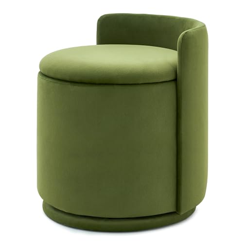 360° Swivel Makeup Chair with Storage, Upholstered Accent Stool with Back, Round Vanity Stool Ottoman for Living Room, Makeup Room, Bedroom (Green) - color: Green