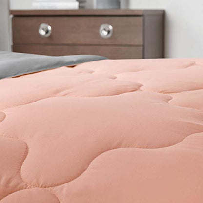 Comfort Spaces Vixie Reversible Comforter Set - Trendy Casual Geometric Quilted Cover, All Season Down Alternative Cozy Bedding, Matching Sham, Coral/Gray, Twin/Twin XL 2 piece | Down Alternative, All Season, Bedding for Bedroom, Geometric Pattern, Revers
