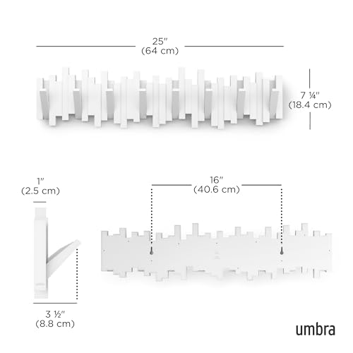 Umbra Sticks Wall Coat Rack, Wall Mount 8 Retractable Hooks, White | Modern sculptural look, holds five pounds each, fits entryways and bedrooms, easy to install, recycled plastic - color: White, size: 8-Hook