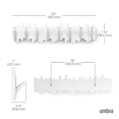 Umbra Sticks Wall Coat Rack, Wall Mount 8 Retractable Hooks, White | Modern sculptural look, holds five pounds each, fits entryways and bedrooms, easy to install, recycled plastic - color: White, size: 8-Hook