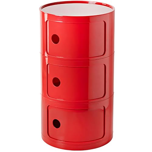 3 Tier Round Nightstand with Drawer, Red Round Side Table Small Plastic Storage End Table for Bedroom, Living Room, Bathroom - color: Red