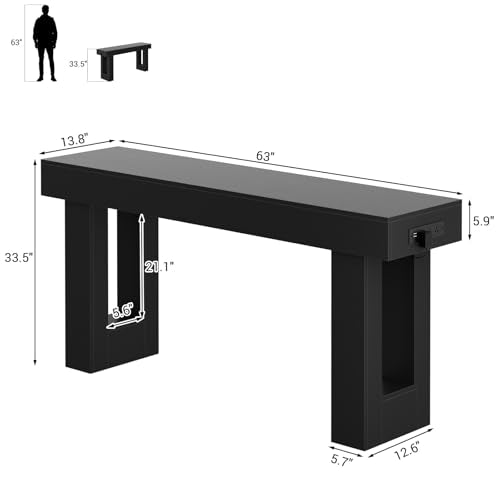 Unikito 63'' Farmhouse Entry Table with Outlets and Sensor Light | Wooden Foyer Table with Storage, Narrow Sofa Table Behind the Couch, Versatile Console Tables for Entryway/Living Room, Black - color: Black, size: 63IN