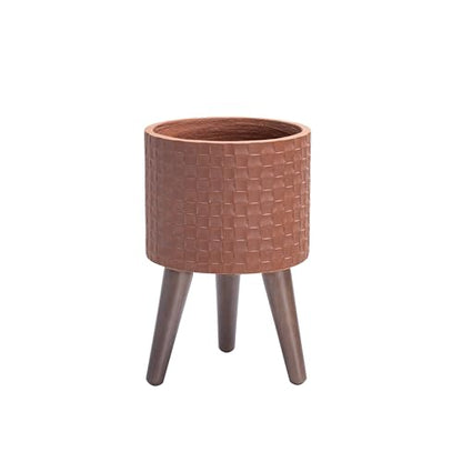 D'vine Dev Planter Pot with Wood Stand, 8 in, Terra Cotta, 88-Z-A-3 | Mid-Century Modern Style, Elevated Plant Display, Drainage Hole and Plug, Functional & Stylish, Modern Indoor Planter - color: Terra Cotta, size: Small
