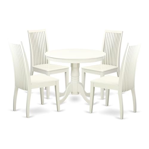 East West Furniture ANIP5-LWH-W 5 Piece Modern Dining Table Set Includes a Round Kitchen Table with Pedestal and 4 Dining Room Chairs, 36x36 Inch, Linen White - color: Anip5-lwh-w