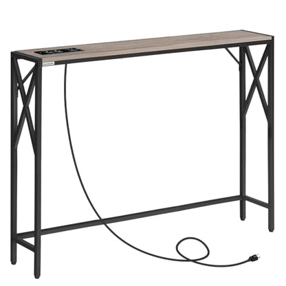 MAHANCRIS 5.9" Narrow Sofa Table with Charging Station, 39.4 Behind Couch Table with Outlet, Slim Entryway Console Table, Small Space, for Hallway, Living Room, Foyer, Greige CTHG151E01 - color: Greige, Black