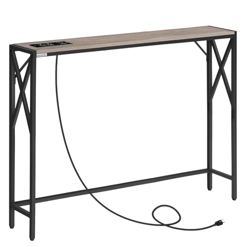 MAHANCRIS 5.9" Narrow Sofa Table with Charging Station, 39.4 Behind Couch Table with Outlet, Slim Entryway Console Table, Small Space, for Hallway, Living Room, Foyer, Greige CTHG151E01 - color: Greige, Black