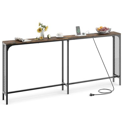 GIANTEX 71" Narrow Console Table with 2 Power Outlets and USB-C Ports | Sofa Table w/ Charging Station & Metal Frame, Skinny Behind Couch Tables, Long Entryway Tables for Living Room, Rustic Brown - color: Rustic Brown + Black