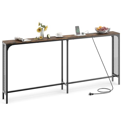 GIANTEX 71" Narrow Console Table with 2 Power Outlets and USB-C Ports | Sofa Table w/ Charging Station & Metal Frame, Skinny Behind Couch Tables, Long Entryway Tables for Living Room, Rustic Brown - color: Rustic Brown + Black