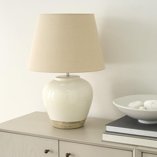 Nourison Home 20" Two-Tone White and Tan Glossy Ceramic Table Lamp, Bedside Nightstand Lamp with Warm Beige Shade for Bedroom, Living Room, Entryway - color: White/Tan