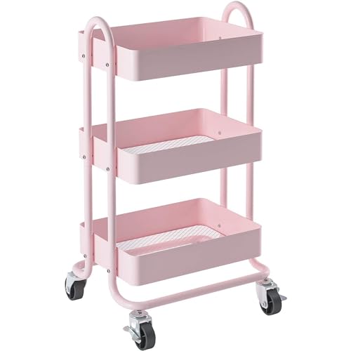 Metal Rolling Cart,3-Tier Pink Rolling Cart with Wheels,Metal Utility Cart with Wheels for Office,Home,Kitchen,Garden（13.4"x18.1"x31"） Pink - color: Pink, size: 31"H